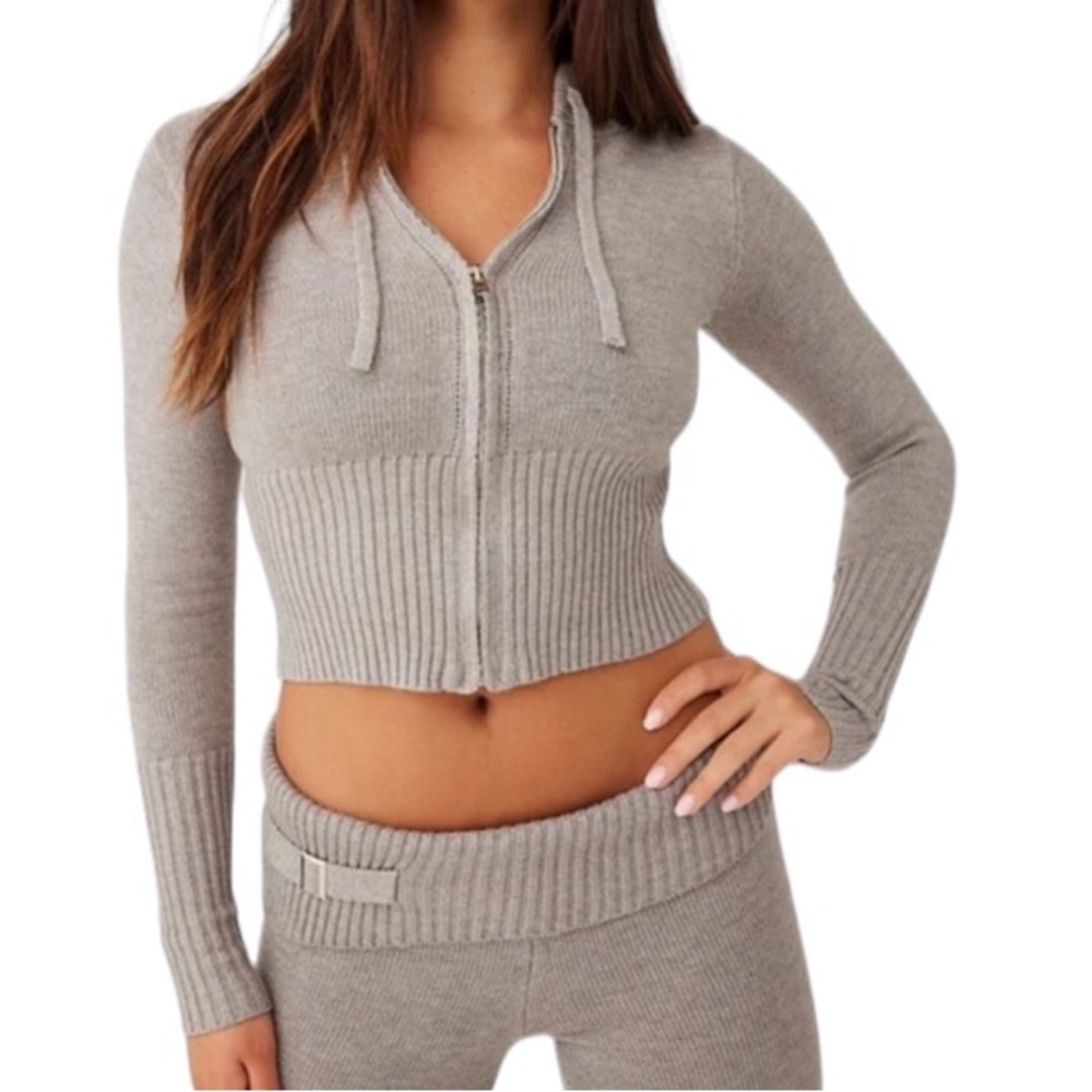 Gray Zip Up Gray Cropped Ribbed Knit Sweater Hoodie